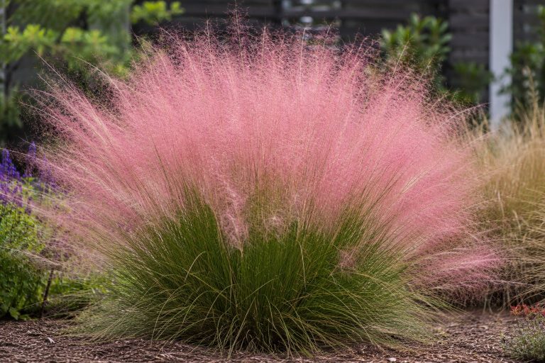 Pink muhly grass (Muhlenbergia capillaris) in full bloom with clouds of pink-purple flower plumes, a drought-tolerant Lowcountry native