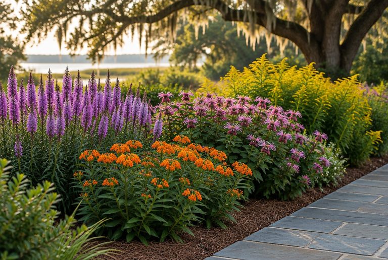 Massed native pollinator planting of blazing star, beebalm, butterfly weed, and goldenrod in a Charleston, SC garden bed