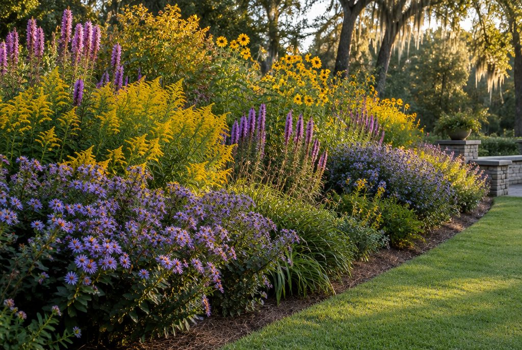 Deep perennial border in a Lowcountry garden with goldenrod, blue wood aster, and blazing star blooming together in early fall