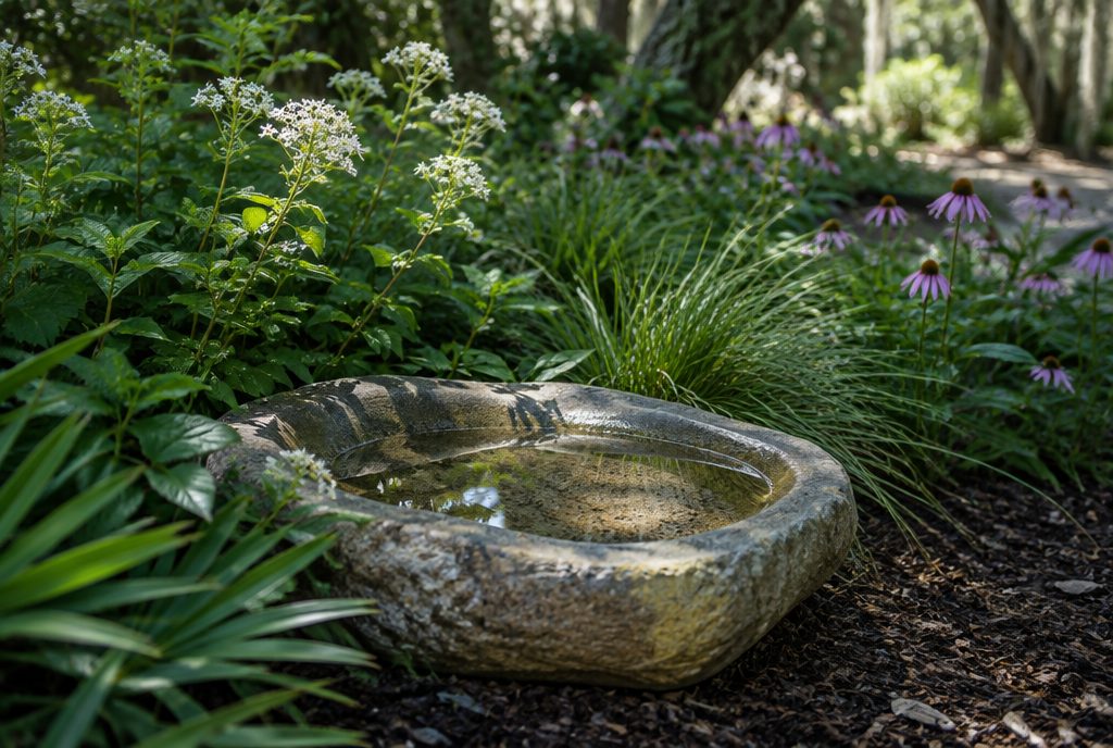 Carved stone water basin set at the edge of a Lowcountry pollinator garden planting