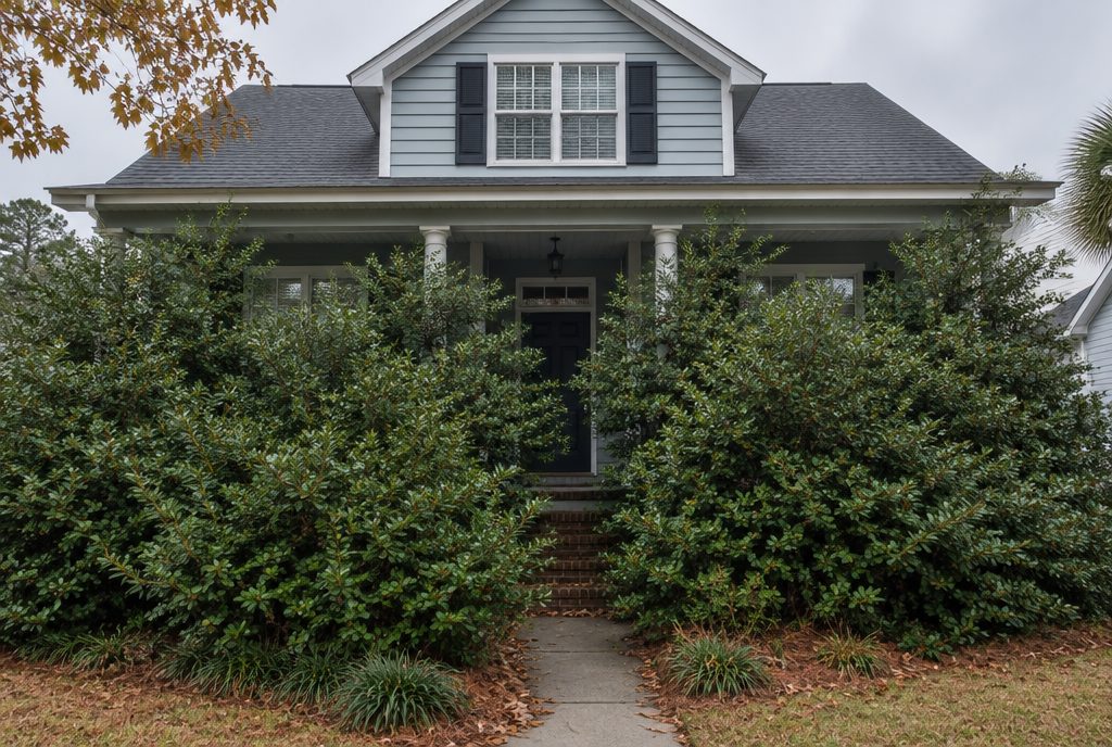 Overgrown foundation shrubs covering the windows and crowding the front steps of a Lowcountry home