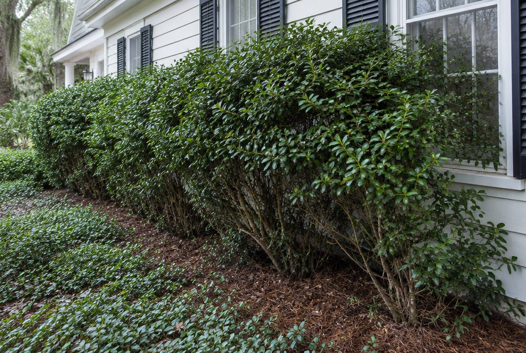 Sheared foundation shrubs grown tight against the siding of a Lowcountry home with no clearance from the wall
